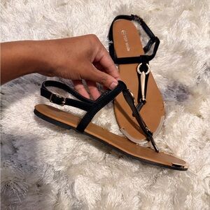 TOP Moda Black Sandals with Gold Hardware
